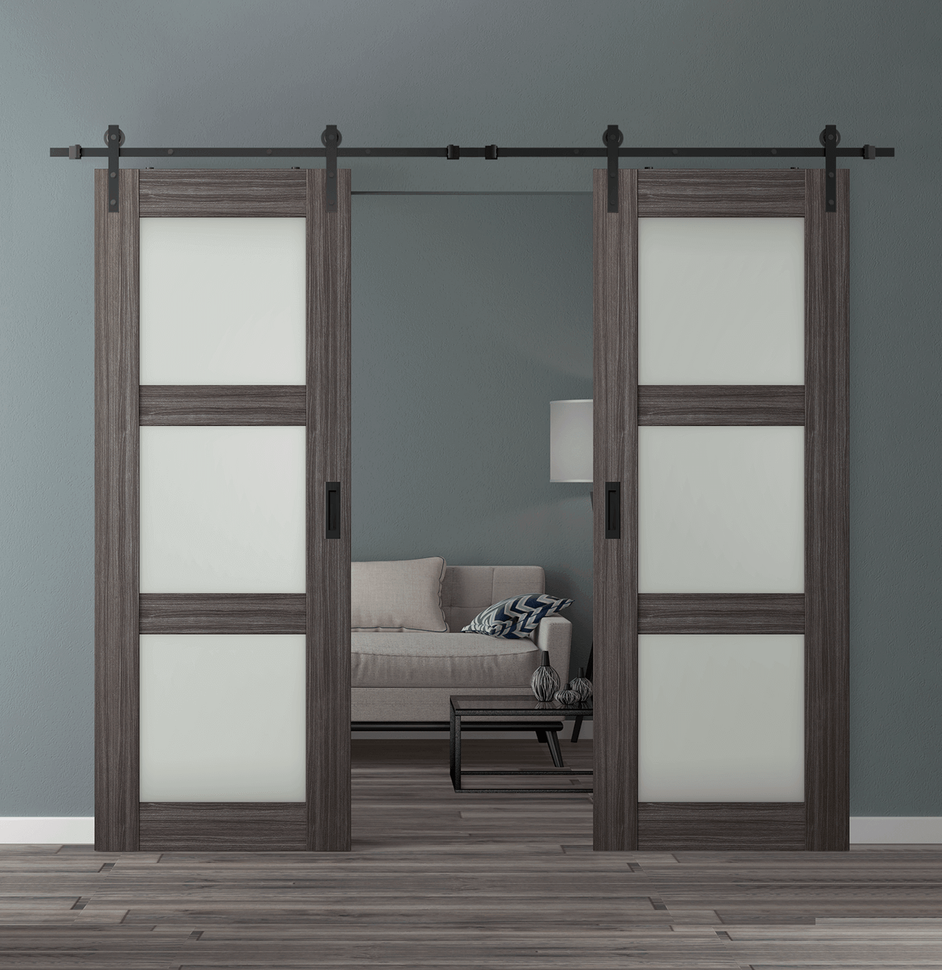 Modern Double Barn Door Double Barn Door Palladio Lite Vetro Gray Oak