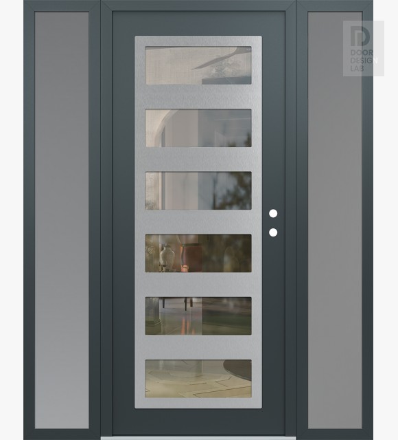 Modern Steel Front Door Diamond C9 64" x 80" anthracite/anthracite clear Glass Panel stainless steel LHI with 2 Sidelites frosted Glass