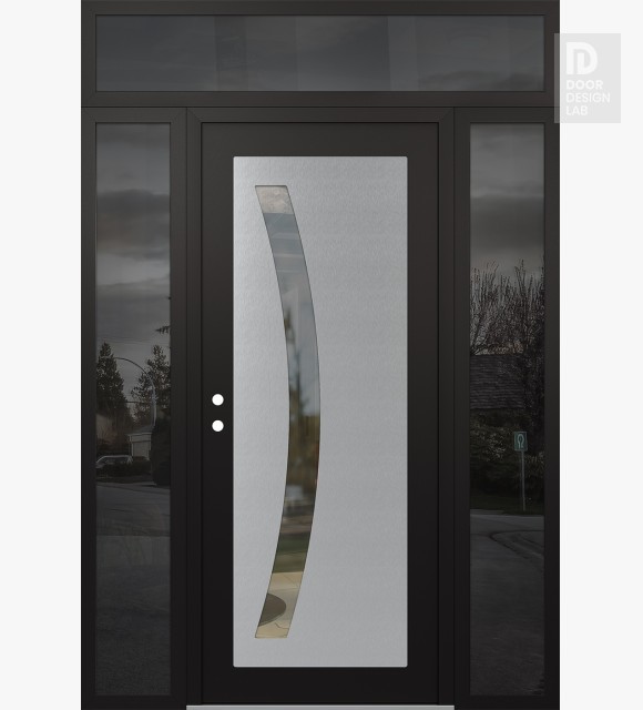 Modern Steel Front Door Diamond C4 60" x 96" black/black clear Glass Panel stainless steel RHI with 2 Sidelites and Transom mirrored Glass