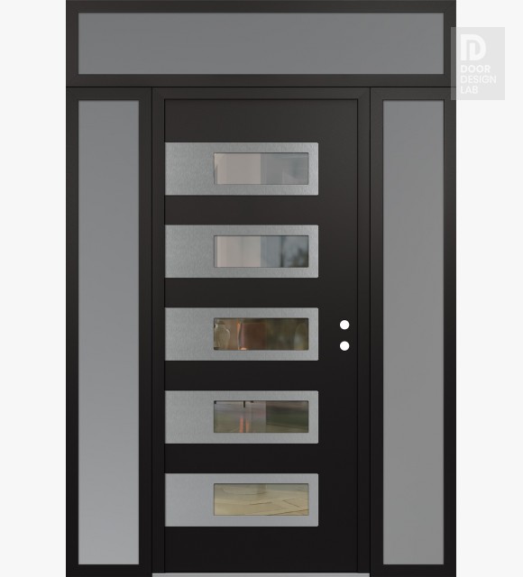 Modern Steel Front Door Diamond D3 60" x 96" black/black clear Glass Panel stainless steel LHI with 2 Sidelites and Transom frosted Glass
