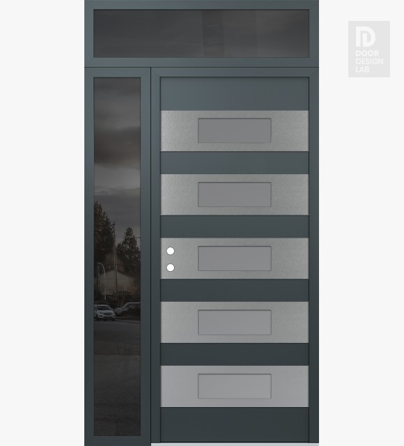 Modern Steel Front Door Diamond D5 52" x 96" anthracite/anthracite frosted Glass Panel stainless steel RHI with Sidelite and Transom mirrored Glass