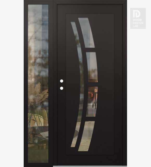 Modern Steel Front Door Diamond C12 50" x 80" black/black clear Glass Panel black RHI with Sidelite clear Glass