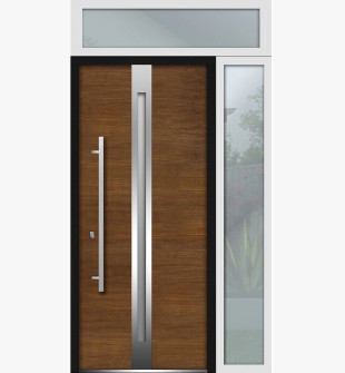 Front Exterior Prehung Steel Door / Deux 1744 Natural Oak / Side and Top Exterior White Window / Stainless Inserts Single Modern Painted-W36+16" x H80+16"-Right-hand Inswing