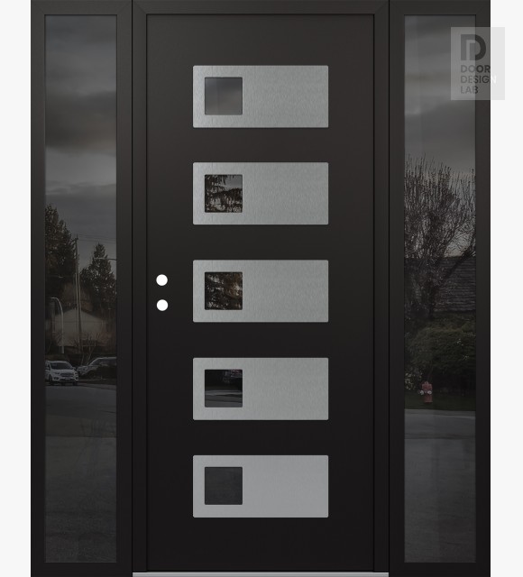 Modern Steel Front Door Diamond D2 64" x 80" black/black mirrored Glass Panel stainless steel RHI with 2 Sidelites mirrored Glass