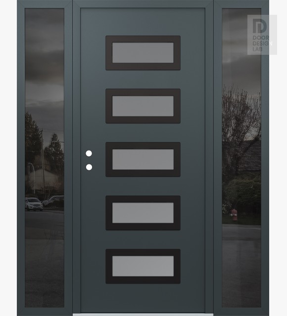 Modern Steel Front Door Diamond D1 68" x 80" anthracite/anthracite frosted Glass Panel black RHI with 2 Sidelites mirrored Glass