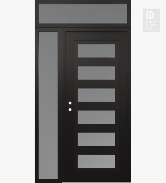 Modern Steel Front Door Diamond C9 48" x 96" black/white frosted Glass Panel black RHI with Sidelite and Transom frosted Glass