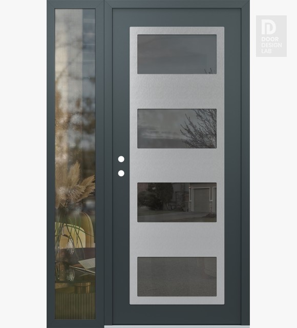 Modern Steel Front Door Diamond C2 52" x 80" anthracite/anthracite mirrored Glass Panel stainless steel RHI with Sidelite clear Glass