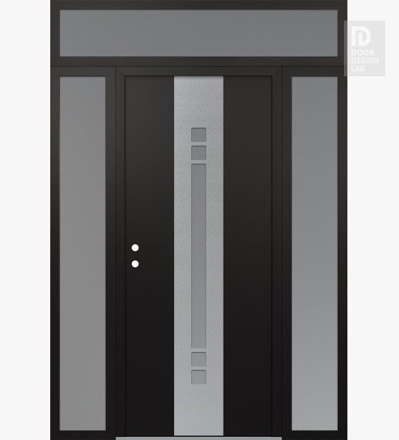 Modern Steel Front Door DIAMOND A4 68" X 96" BLACK/WHITE FROSTED GLASS PANEL STAINLESS STEEL RHI WITH 2 SIDELITES AND TRANSOM FROSTED GLASS