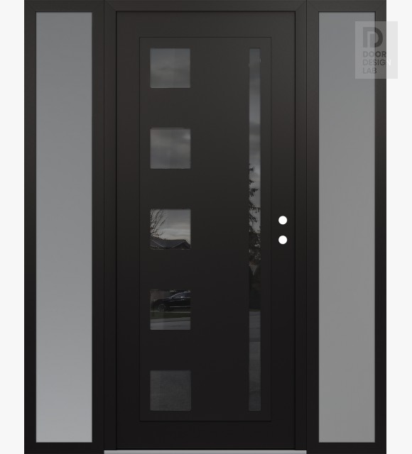 Modern Steel Front Door Diamond C3 60" x 80" black/black mirrored Glass Panel black LHI with 2 Sidelites frosted Glass