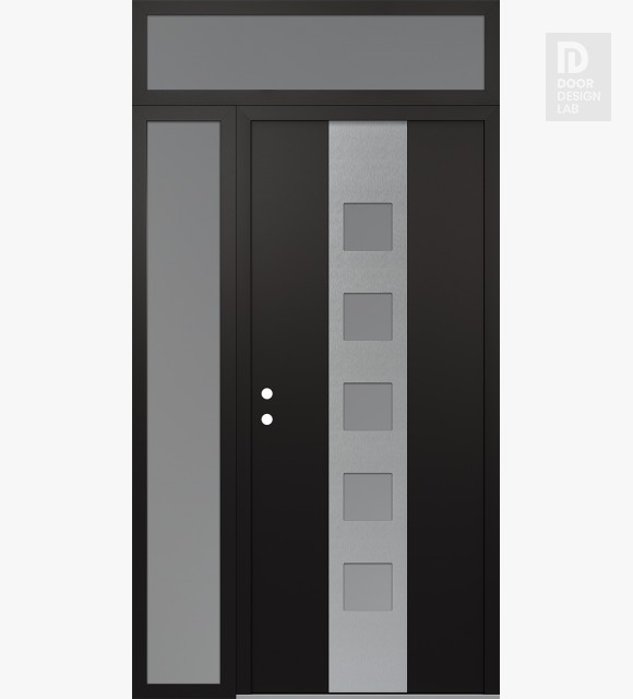 Modern Steel Front Door DIAMOND A13 48" X 96" BLACK/WHITE FROSTED GLASS PANEL STAINLESS STEEL RHI WITH SIDELITE AND TRANSOM FROSTED GLASS