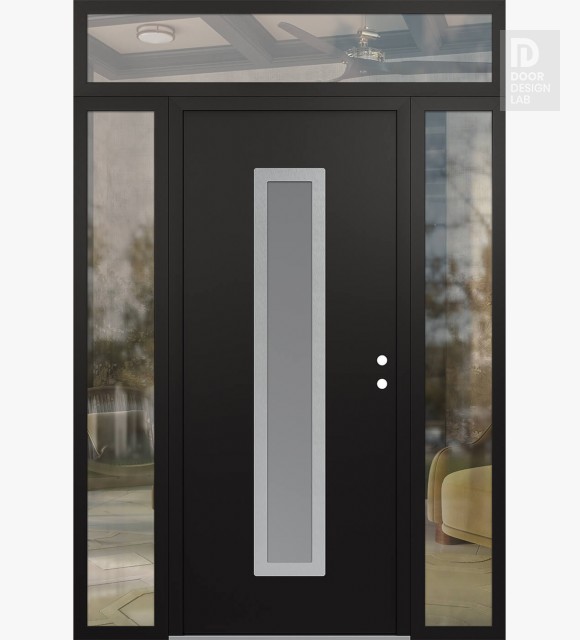 Modern Steel Front Door DIAMOND A11 68" X 96" BLACK/WHITE FROSTED GLASS PANEL STAINLESS STEEL LHI WITH 2 SIDELITES AND TRANSOM CLEAR GLASS