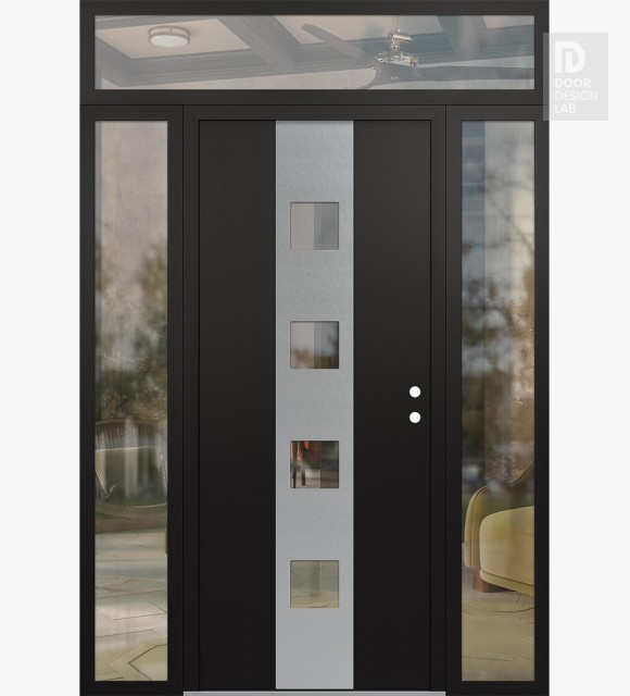 Modern Steel Front Door DIAMOND A12 64" X 96" BLACK/BLACK CLEAR GLASS PANEL STAINLESS STEEL LHI WITH 2 SIDELITES AND TRANSOM CLEAR GLASS