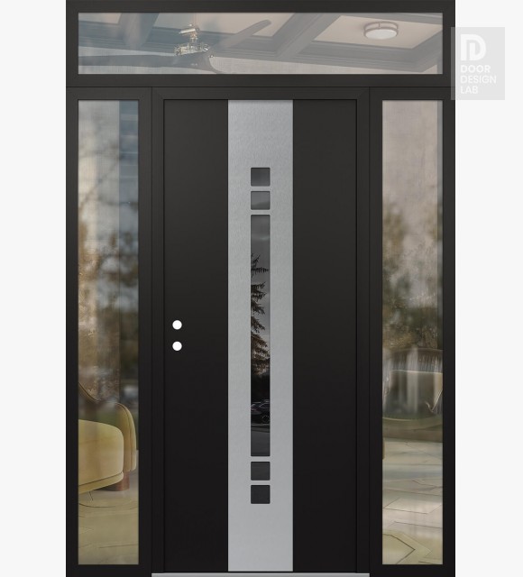 Modern Steel Front Door DIAMOND A4 64" X 96" BLACK/BLACK MIRRORED GLASS PANEL STAINLESS STEEL RHI WITH 2 SIDELITES AND TRANSOM CLEAR GLASS
