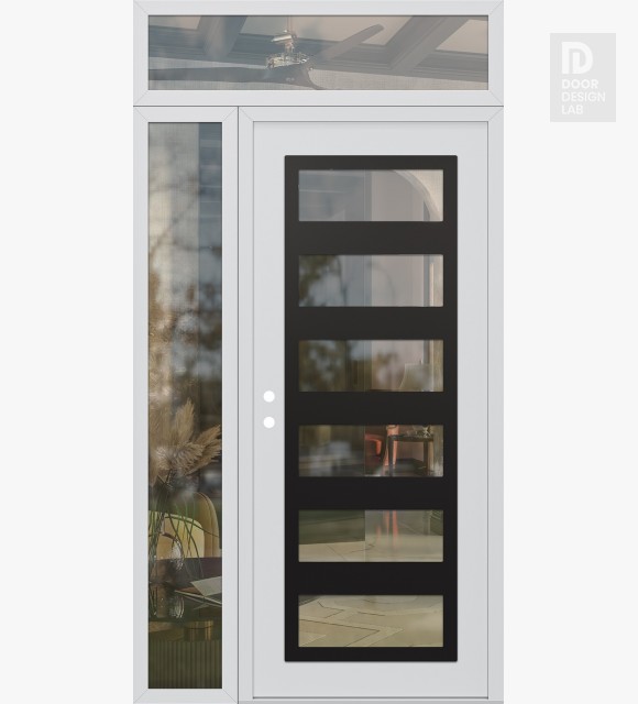 Modern Steel Front Door Diamond C9 48" x 96" white/white clear Glass Panel black RHI with Sidelite and Transom clear Glass