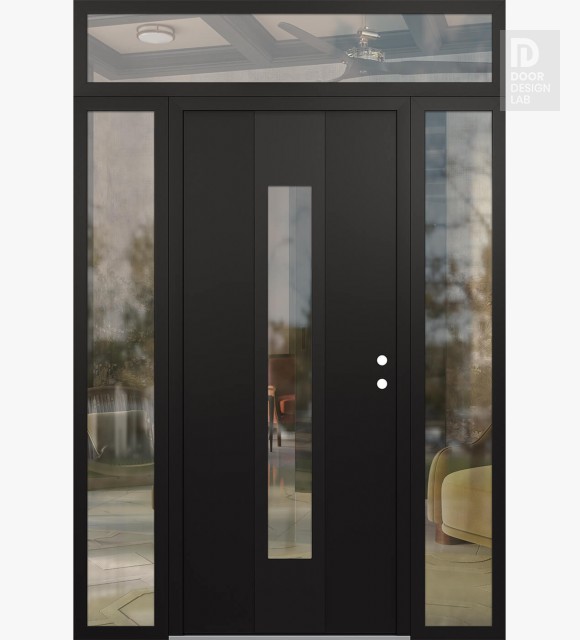 Modern Steel Front Door DIAMOND A1 64" X 96" BLACK/BLACK CLEAR GLASS PANEL BLACK LHI WITH 2 SIDELITES AND TRANSOM CLEAR GLASS