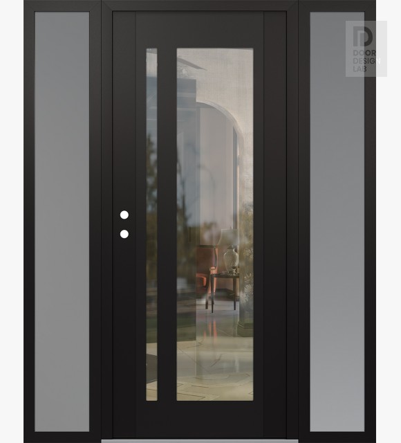 Modern Steel Front Door Diamond C15 68" x 80" black/black clear Glass Panel black RHI with 2 Sidelites frosted Glass