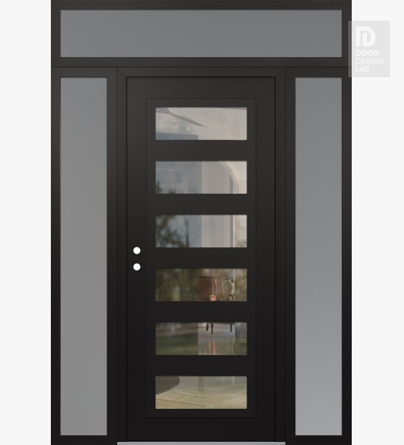 Modern Steel Front Door Diamond C9 60" x 96" black/black clear Glass Panel black RHI with 2 Sidelites and Transom frosted Glass