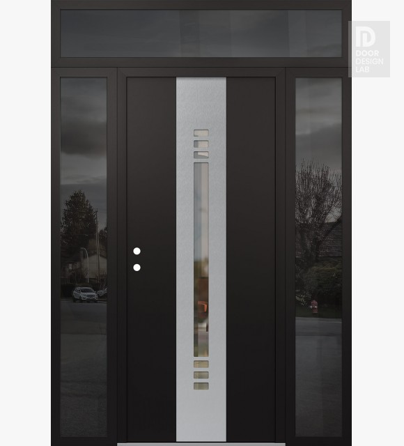 Modern Steel Front Door DIAMOND A5 68" X 96" BLACK/BLACK CLEAR GLASS PANEL STAINLESS STEEL RHI WITH 2 SIDELITES AND TRANSOM MIRRORED GLASS