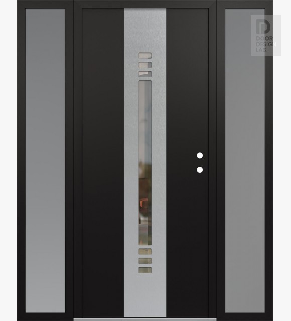 Modern Steel Front Door DIAMOND A5 68" X 80" BLACK/BLACK CLEAR GLASS PANEL STAINLESS STEEL LHI WITH 2 SIDELITES FROSTED GLASS