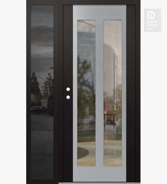 Modern Steel Front Door Diamond C14 52" x 80" black/black clear Glass Panel stainless steel RHI with Sidelite mirrored Glass