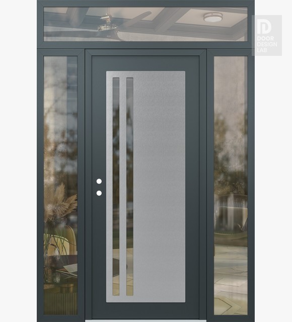 Modern Steel Front Door Diamond C6 68" x 96" anthracite/anthracite clear Glass Panel stainless steel RHI with 2 Sidelites and Transom clear Glass