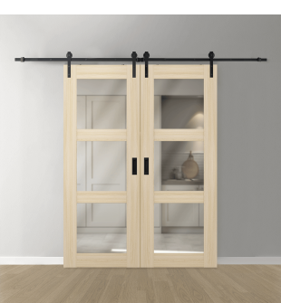 DOUBLE BARN DOOR AVON 3 LITE VETRO LOIRE ASH 60" X 84" X 1 3/4" BLACK HARDWARE