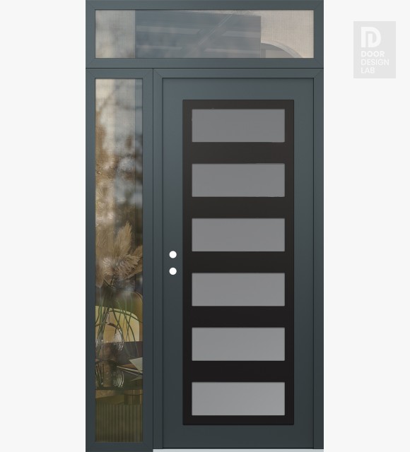 Modern Steel Front Door Diamond C9 52" x 96" anthracite/anthracite frosted Glass Panel black RHI with Sidelite and Transom clear Glass