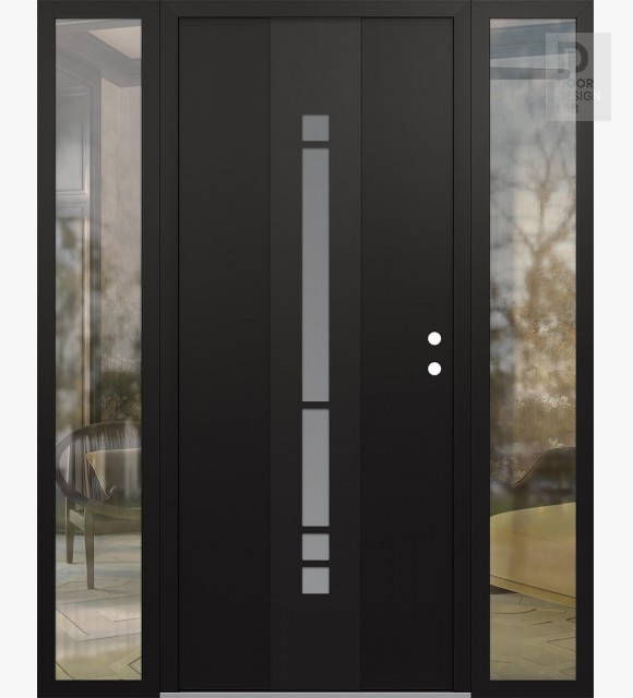 Modern Steel Front Door DIAMOND A3 60" X 80" BLACK/WHITE FROSTED GLASS PANEL BLACK LHI WITH 2 SIDELITES CLEAR GLASS
