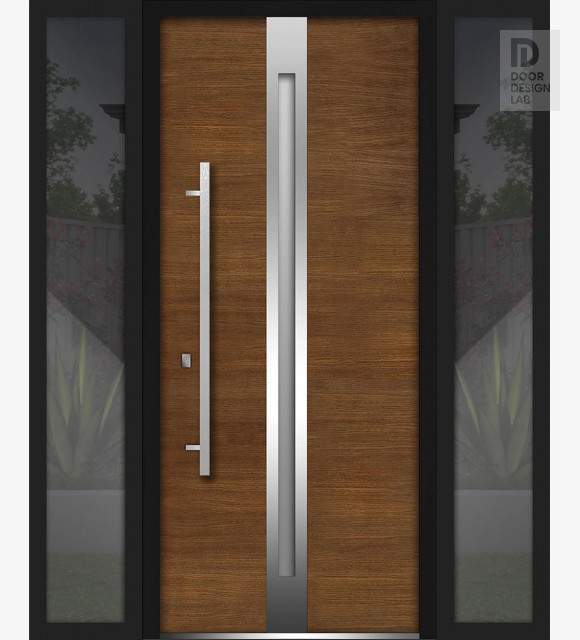 Front Exterior Prehung Steel Door / Deux 1744 Natural Oak / 2 Side Exterior Black Windows / Stainless Inserts Single Modern Painted-W14+36+14" x H80"-Right-hand Inswing