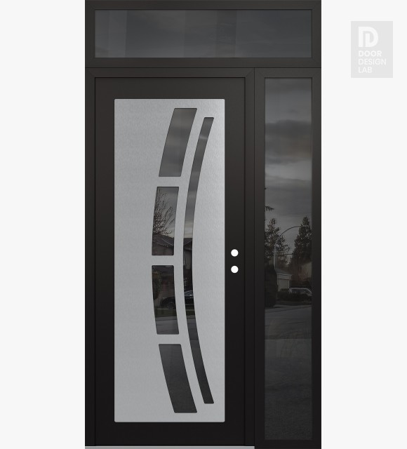 Modern Steel Front Door Diamond C12 50" x 96" black/black mirrored Glass Panel stainless steel LHI with Sidelite and Transom mirrored Glass
