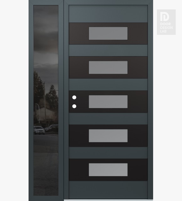 Modern Steel Front Door Diamond D5 48" x 80" anthracite/anthracite frosted Glass Panel black RHI with Sidelite mirrored Glass