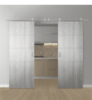 DOUBLE BARN DOOR OPTIMA 4H RIBEIRA ASH 72" X 80" X 1 3/4" SOLID CORE STAINLESS STEEL HARDWARE