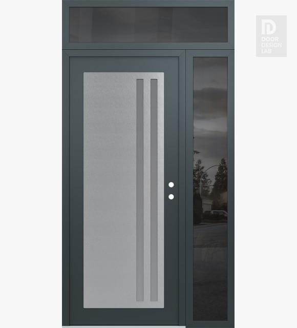 Modern Steel Front Door Diamond C6 48" x 96" anthracite/anthracite frosted Glass Panel stainless steel LHI with Sidelite and Transom mirrored Glass