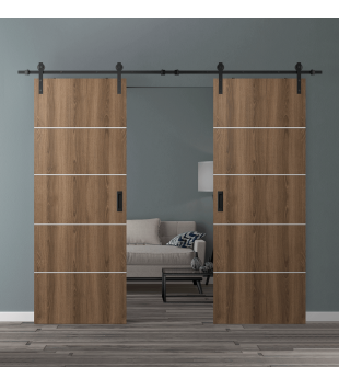 DOUBLE BARN DOOR OPTIMA 4H PECAN NUTWOOD 60" X 96" X 1 3/4" SOLID CORE BLACK HARDWARE