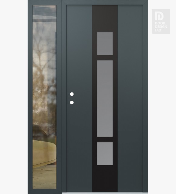 Modern Steel Front Door DIAMOND A9 50" X 80" ANTHRACITE/ANTHRACITE FROSTED GLASS PANEL BLACK RHI WITH SIDELITE CLEAR GLASS