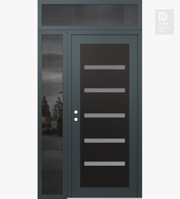 Modern Steel Front Door Diamond C7 52" x 96" anthracite/anthracite frosted Glass Panel black RHI with Sidelite and Transom mirrored Glass