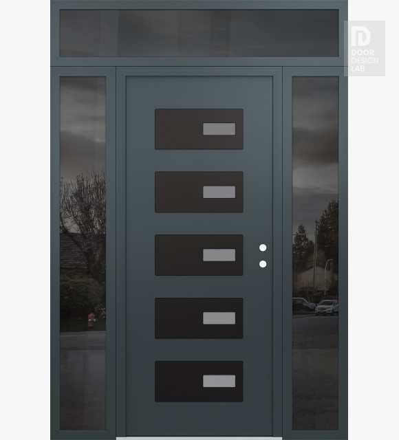 Modern Steel Front Door Diamond D7 68" x 96" anthracite/anthracite frosted Glass Panel black LHI with 2 Sidelites and Transom mirrored Glass