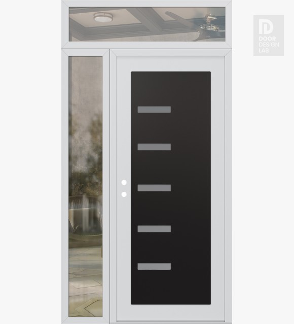 Modern Steel Front Door Diamond C8 48" x 96" white/white frosted Glass Panel black RHI with Sidelite and Transom clear Glass
