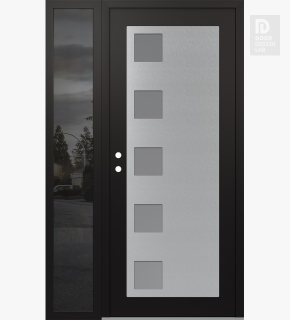 Modern Steel Front Door Diamond C5 50" x 80" black/white frosted Glass Panel stainless steel RHI with Sidelite mirrored Glass