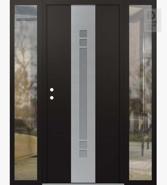 Modern Steel Front Door DIAMOND A4 60" X 80" BLACK/WHITE FROSTED GLASS PANEL STAINLESS STEEL RHI WITH 2 SIDELITES CLEAR GLASS