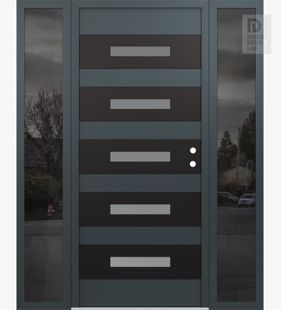 Modern Steel Front Door Diamond D9 68" x 80" anthracite/anthracite frosted Glass Panel black LHI with 2 Sidelites mirrored Glass