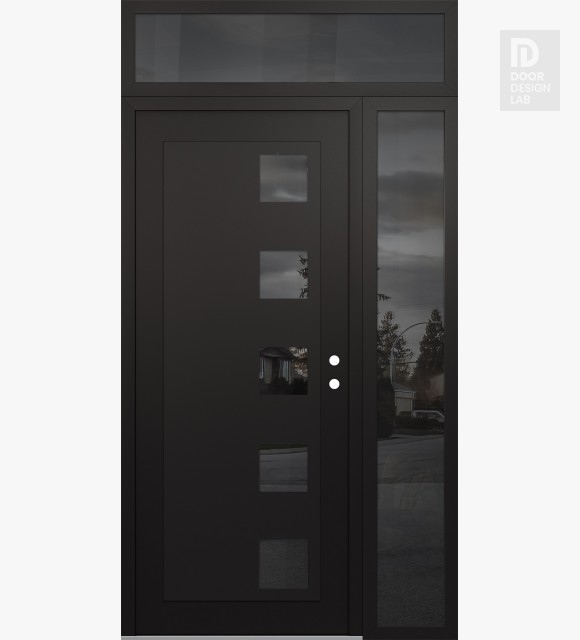 Modern Steel Front Door Diamond C5 48" x 96" black/black mirrored Glass Panel black LHI with Sidelite and Transom mirrored Glass