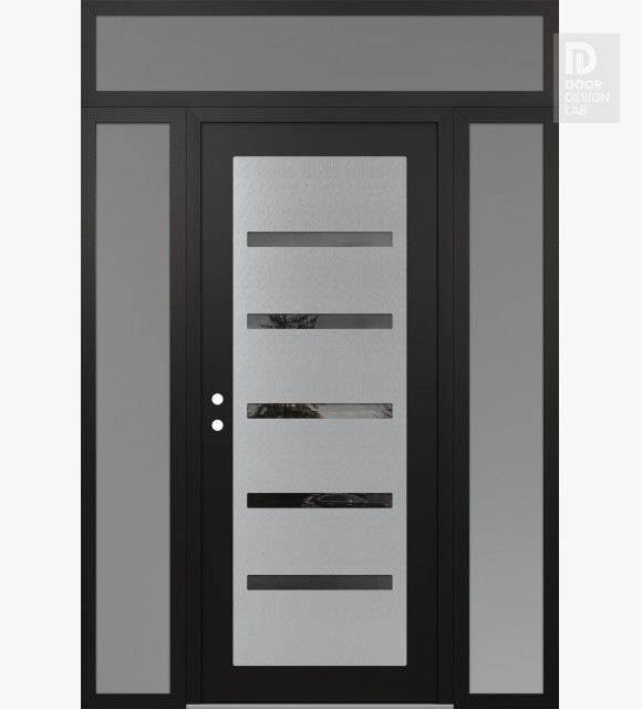 Modern Steel Front Door Diamond C7 68" x 96" black/black mirrored Glass Panel stainless steel RHI with 2 Sidelites and Transom frosted Glass