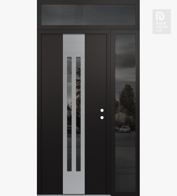 Modern Steel Front Door DIAMOND A8 50" X 96" BLACK/BLACK MIRRORED GLASS PANEL STAINLESS STEEL LHI WITH SIDELITE AND TRANSOM MIRRORED GLASS