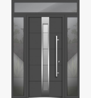 Front Exterior Prehung Steel Door / Deux 1717 Gray Graphite / 2 Side and Top Exterior Window / Stainless Inserts Single Modern Painted-W16+36+16" x H80+16"-Left-hand Inswing