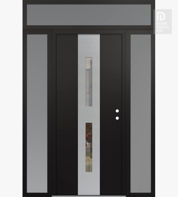 Modern Steel Front Door DIAMOND A6 68" X 96" BLACK/BLACK CLEAR GLASS PANEL STAINLESS STEEL LHI WITH 2 SIDELITES AND TRANSOM FROSTED GLASS
