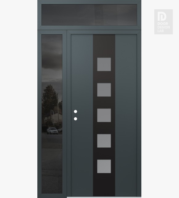 Modern Steel Front Door DIAMOND A13 50" X 96" ANTHRACITE/ANTHRACITE FROSTED GLASS PANEL BLACK RHI WITH SIDELITE AND TRANSOM MIRRORED GLASS