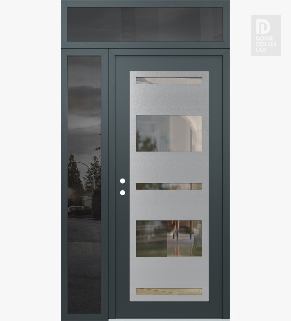 Modern Steel Front Door Diamond C10 50" x 96" anthracite/anthracite clear Glass Panel stainless steel RHI with Sidelite and Transom mirrored Glass