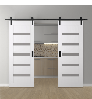 DOUBLE BARN DOOR LEORA VETRO SNOW WHITE 60" X 80" X 1 3/4" BLACK HARDWARE