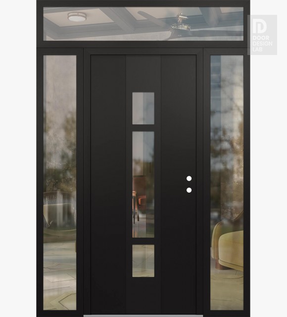Modern Steel Front Door DIAMOND A9 64" X 96" BLACK/BLACK CLEAR GLASS PANEL BLACK LHI WITH 2 SIDELITES AND TRANSOM CLEAR GLASS